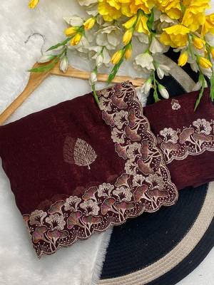 Maroon zari embroidery work crunchy saree with blouse 1