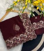 Maroon zari embroidery work crunchy saree with blouse