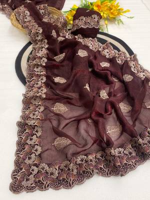 Maroon zari embroidery work crunchy saree with blouse 2