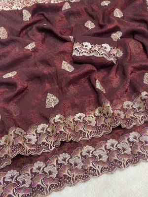 Maroon zari embroidery work crunchy saree with blouse 3
