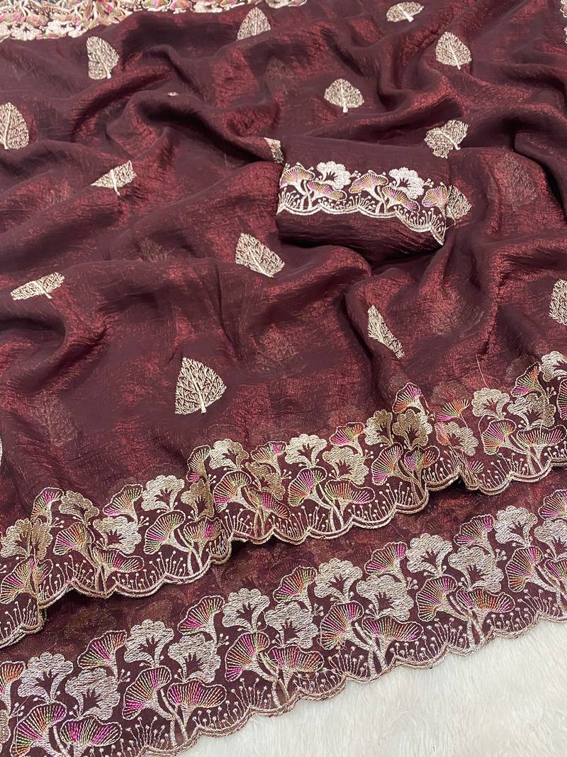 Maroon zari embroidery work crunchy saree with blouse