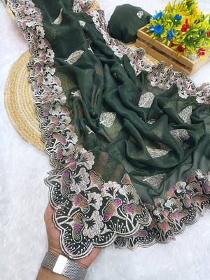 Mehndi zari embroidery work crunchy saree with blouse 1