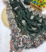 Mehndi zari embroidery work crunchy saree with blouse