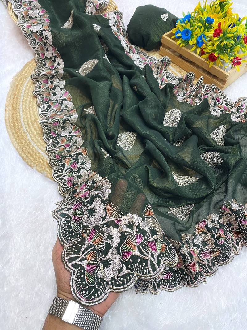 Mehndi zari embroidery work crunchy saree with blouse