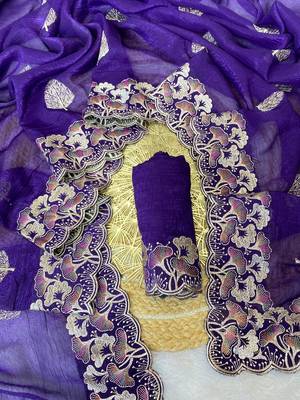 Purple zari embroidery work crunchy saree with blouse 1