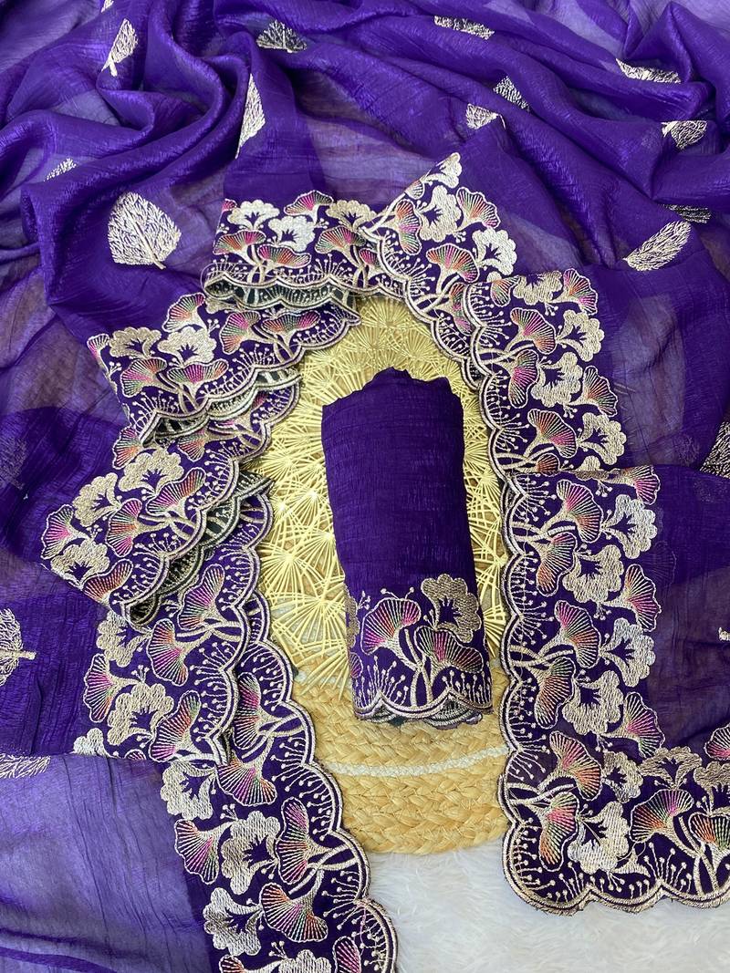 Purple zari embroidery work crunchy saree with blouse