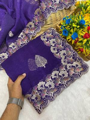 Purple zari embroidery work crunchy saree with blouse 2