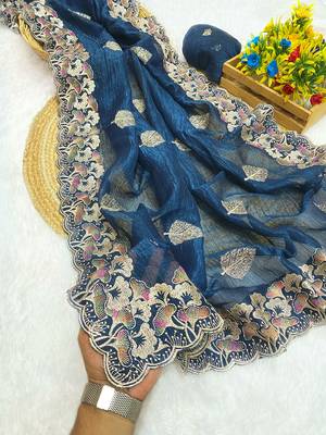 Rama zari embroidery work crunchy saree with blouse 1