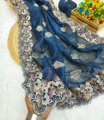Rama zari embroidery work crunchy saree with blouse