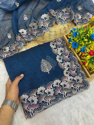 Rama zari embroidery work crunchy saree with blouse 2