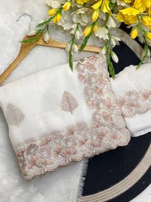 White zari embroidery work crunchy saree with blouse 1