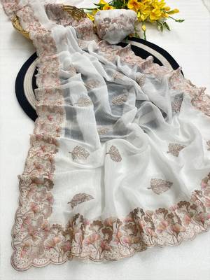 White zari embroidery work crunchy saree with blouse 2