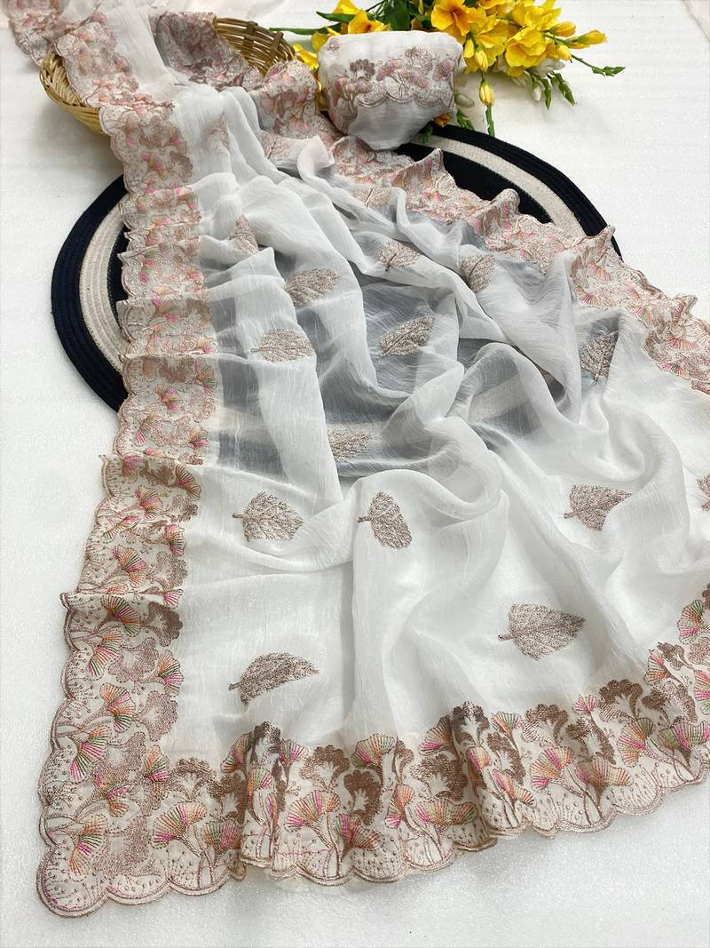 White zari embroidery work crunchy saree with blouse
