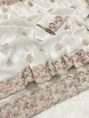 White zari embroidery work crunchy saree with blouse 3
