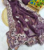 Wine zari embroidery work crunchy saree with blouse