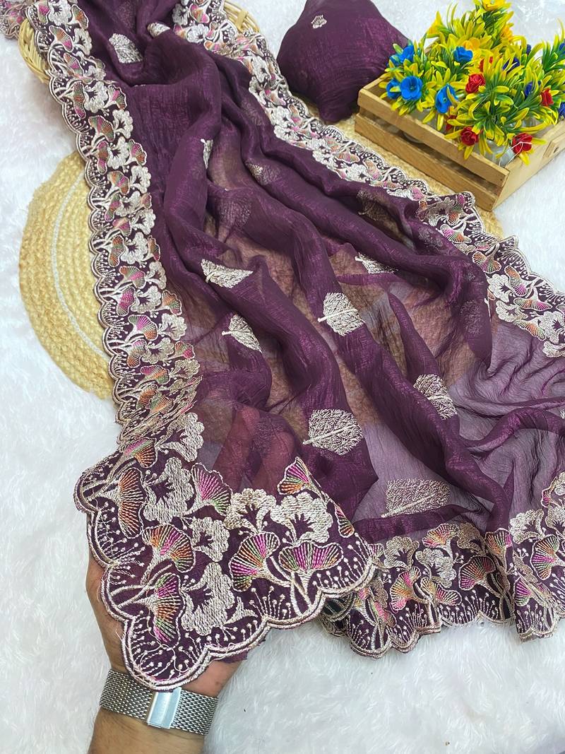 Wine zari embroidery work crunchy saree with blouse