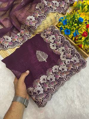 Wine zari embroidery work crunchy saree with blouse 2