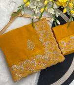 Yellow zari embroidery work crunchy saree with blouse