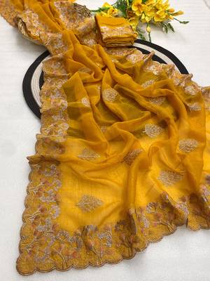 Yellow zari embroidery work crunchy saree with blouse 2