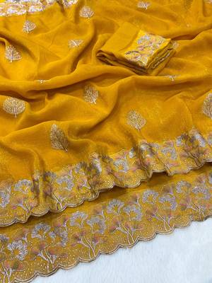 Yellow zari embroidery work crunchy saree with blouse 3