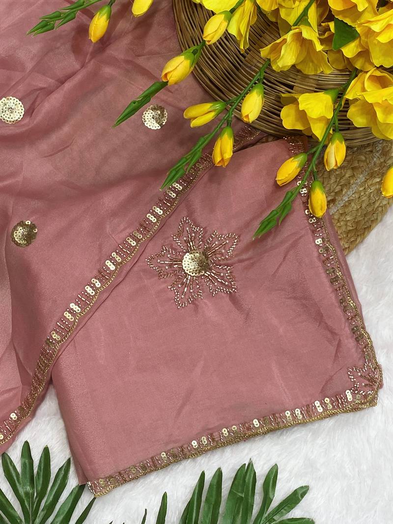 Gajari beads embroidery work chocolate saree with blouse