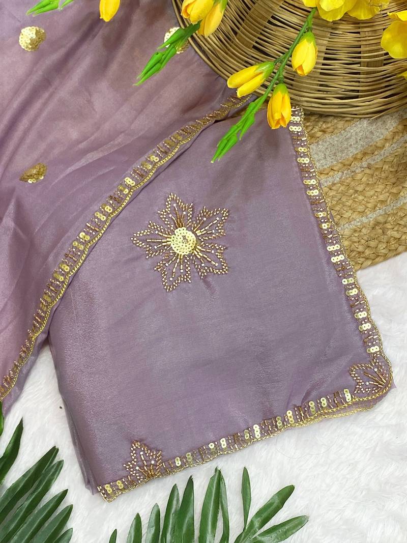 Lavender beads embroidery work chocolate saree with blouse