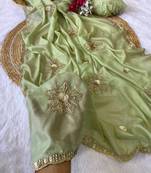 Pista beads embroidery work chocolate saree with blouse