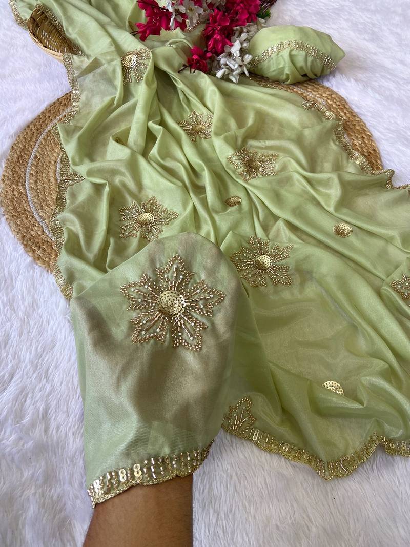 Pista beads embroidery work chocolate saree with blouse
