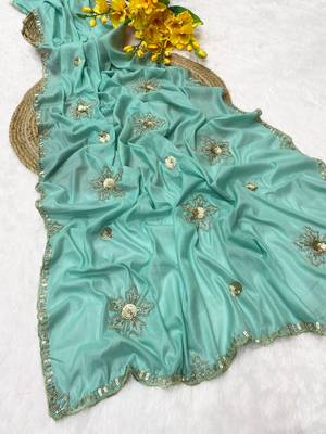 Rama beads embroidery work chocolate saree with blouse 2