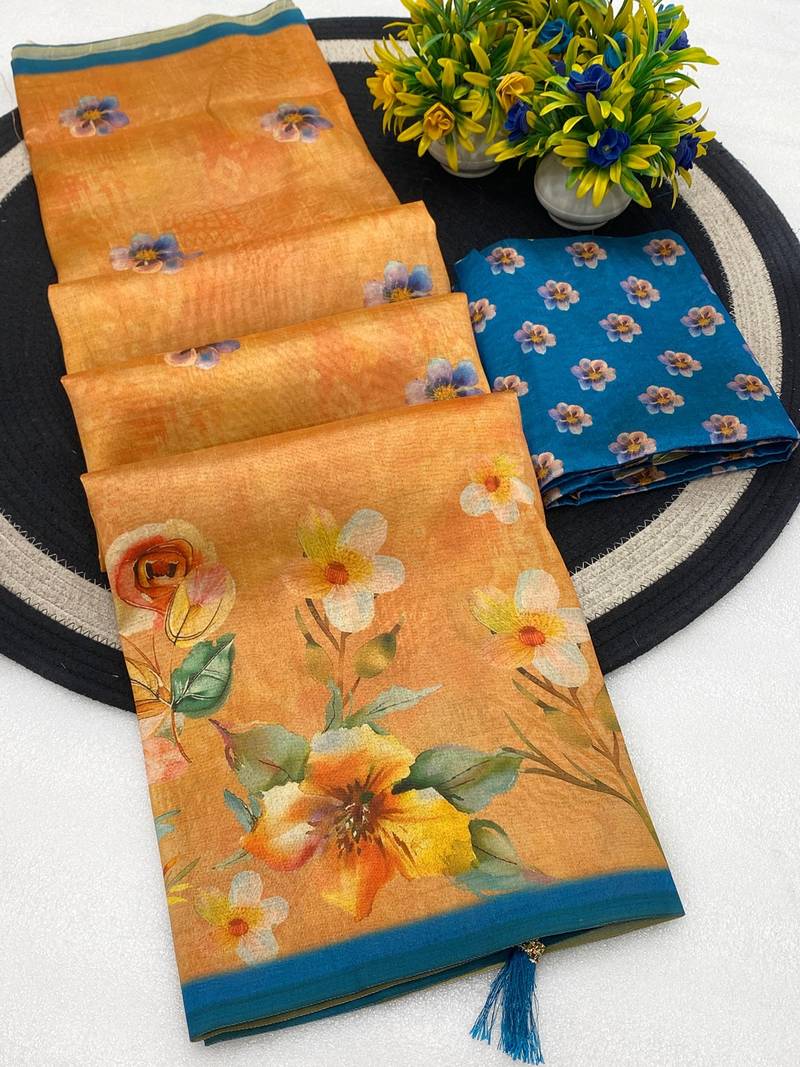 Peach digital print zarna silk blend saree with blouse