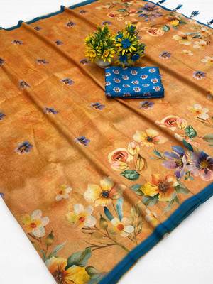 Peach digital print zarna silk blend saree with blouse 2