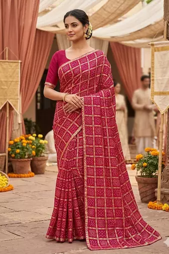 Multicolor foil work vichitra silk blend saree with blouse