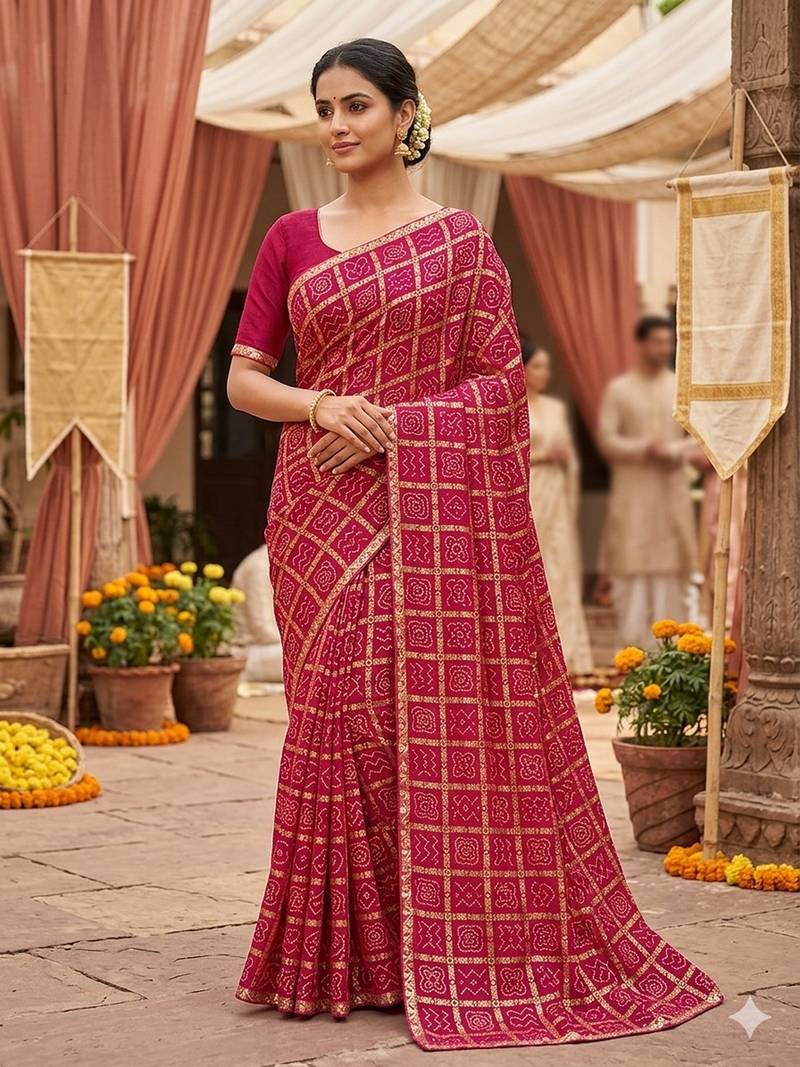 Multicolor foil work vichitra silk blend saree with blouse