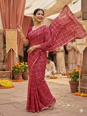 Multicolor foil work vichitra silk blend saree with blouse 2