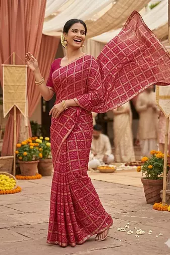 Multicolor foil work vichitra silk blend saree with blouse
