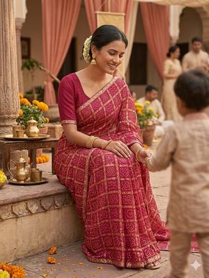 Multicolor foil work vichitra silk blend saree with blouse 3