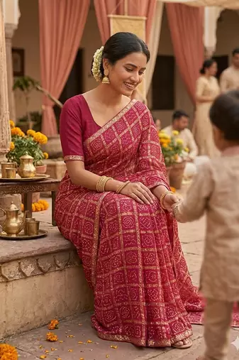 Multicolor foil work vichitra silk blend saree with blouse