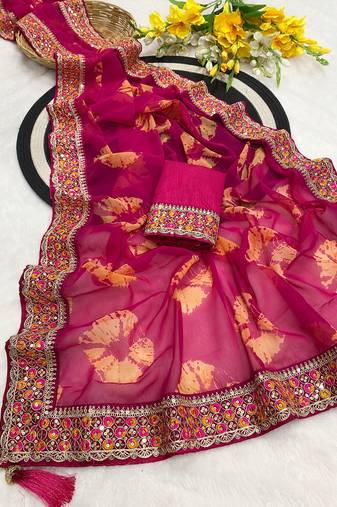 Pink mill print & embroidery lace georgette saree with blouse