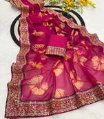 Pink mill print & embroidery lace georgette saree with blouse