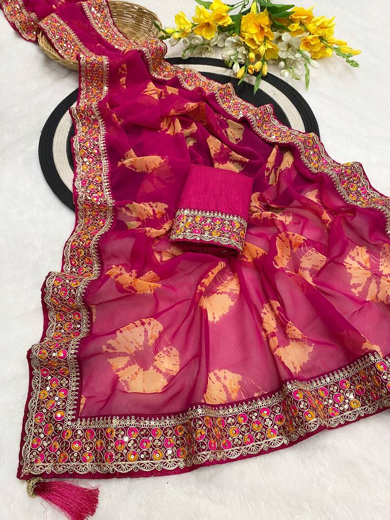 Pink mill print & embroidery lace georgette saree with blouse