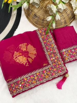 Pink mill print & embroidery lace georgette saree with blouse 2