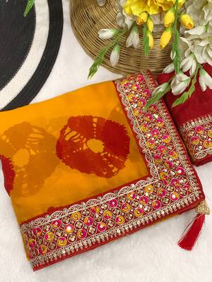 Yellow mill print & embroidery lace georgette saree with blouse 1