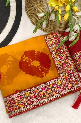 Yellow mill print & embroidery lace georgette saree with blouse