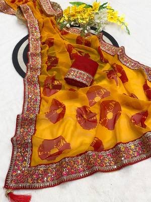 Yellow mill print & embroidery lace georgette saree with blouse 2