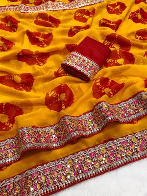Yellow mill print & embroidery lace georgette saree with blouse 3