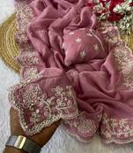 Baby pink coding embroidery work crunchy saree with blouse