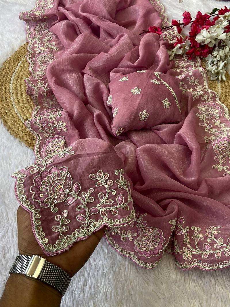Baby pink coding embroidery work crunchy saree with blouse