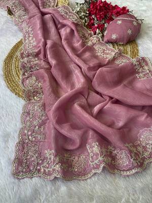 Baby pink coding embroidery work crunchy saree with blouse 2