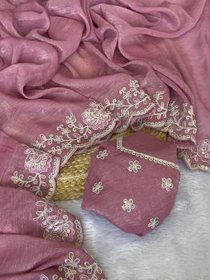Baby pink coding embroidery work crunchy saree with blouse 3