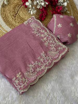 Baby pink coding embroidery work crunchy saree with blouse 4